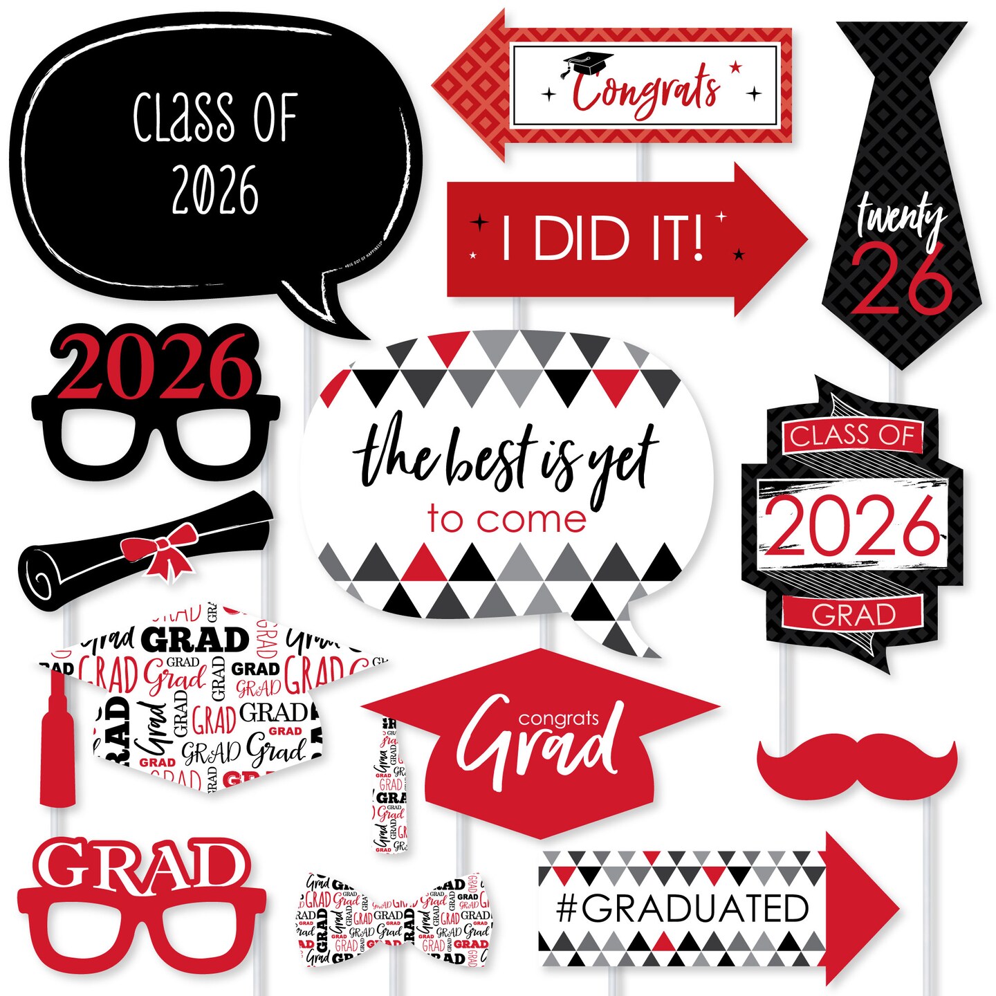 Big Dot of Happiness Red 2026 Graduation Party Photo Booth Props Kit - 20 Count