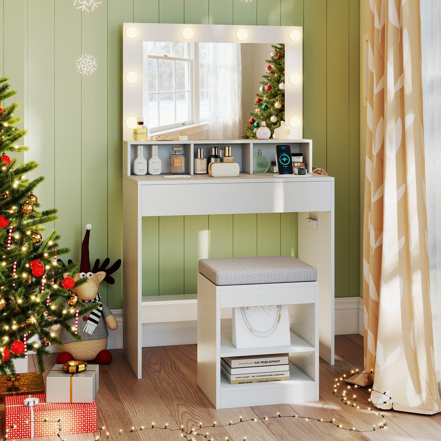 White Dressing Table with Adjustable Brightness LED Lights and Storage Drawer Included Stool