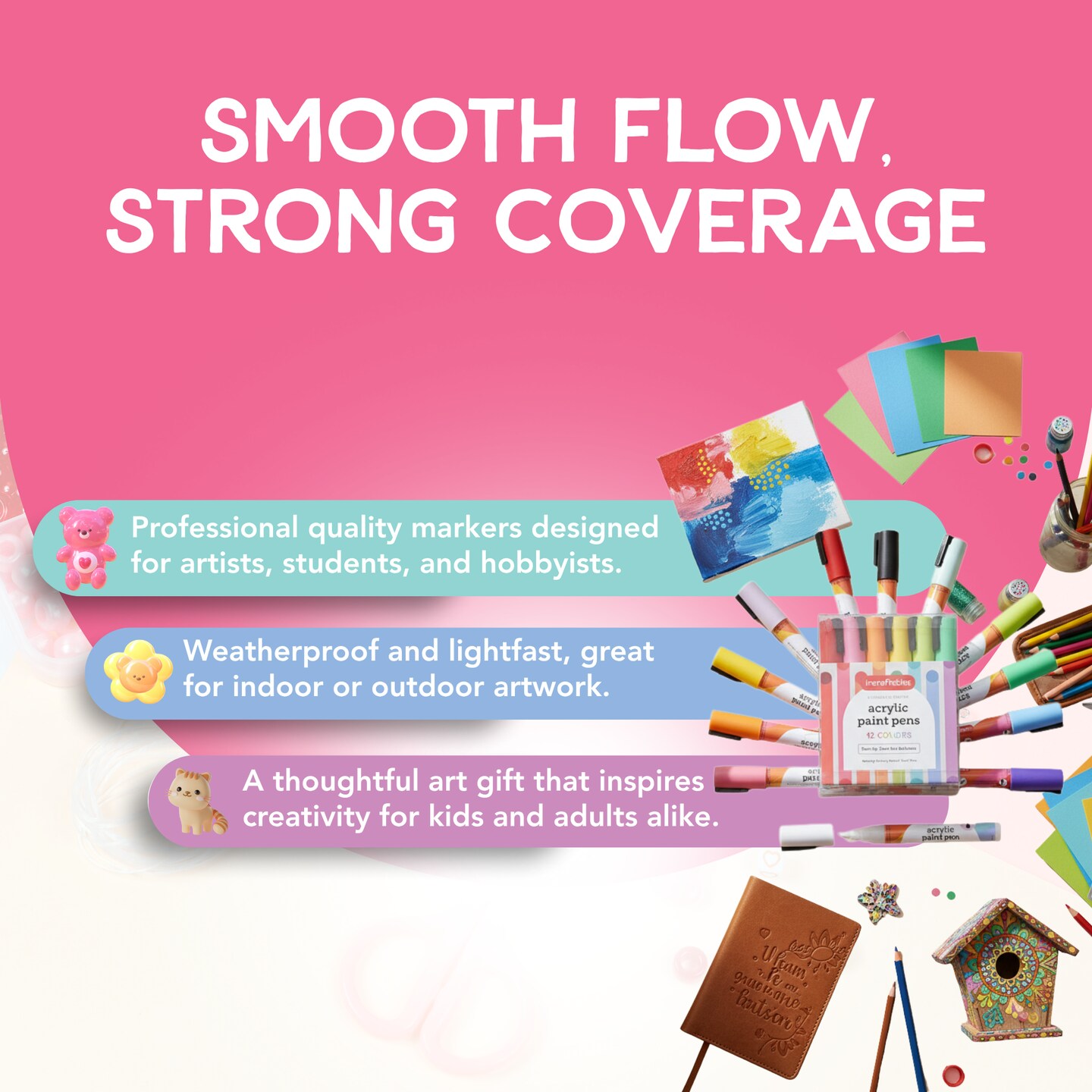 Incraftables Acrylic Paint Pens (12 Colors). Paint Markers for Rocks, Canvas, Wood, Plastic, Fabric, Metal & Glass. Best Acrylic Paint Markers. Stone & Rock Painting Markers Set for Kids & Adults