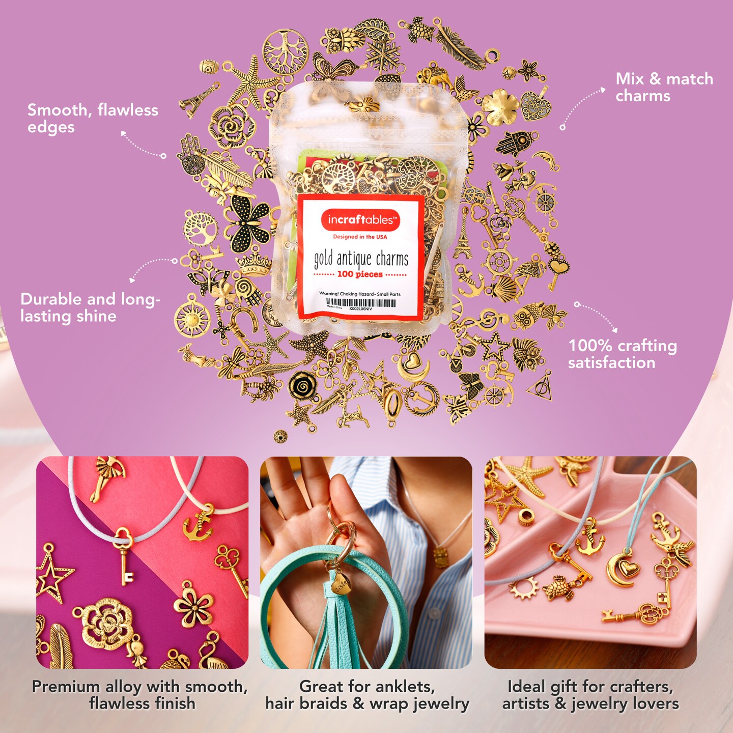 Incraftables 100pcs Gold Charms for Jewelry Making with 15pcs Clasps &#x26; Rings. Best Antique Metal Designer Charm for DIY Bracelets &#x26; Necklaces. Bulk Assorted Charms for Bracelet &#x26; Crafting Supplies