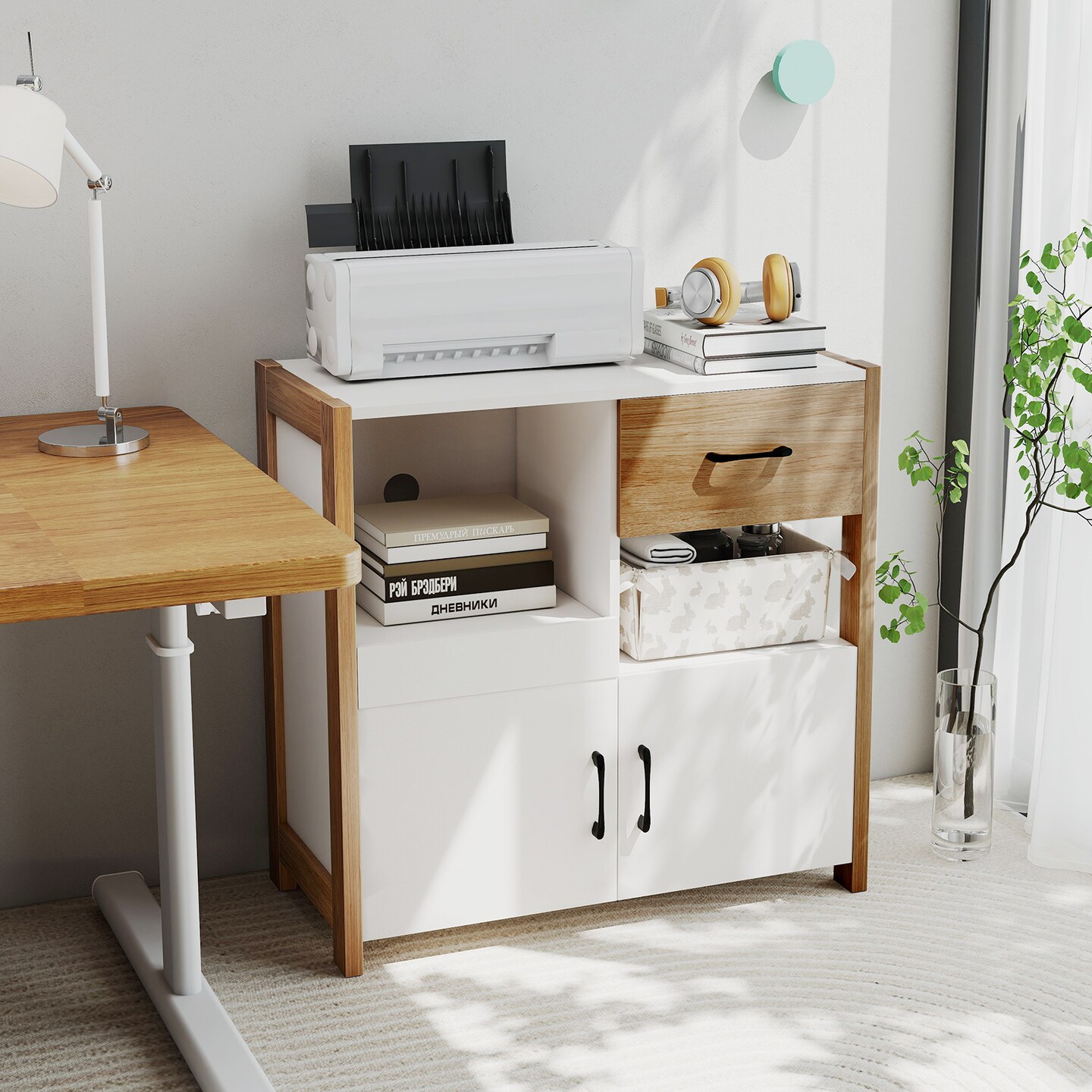 White Engineered Wood Kitchen Sideboard with Drawer, Pull-Out Shelf and Cabinets