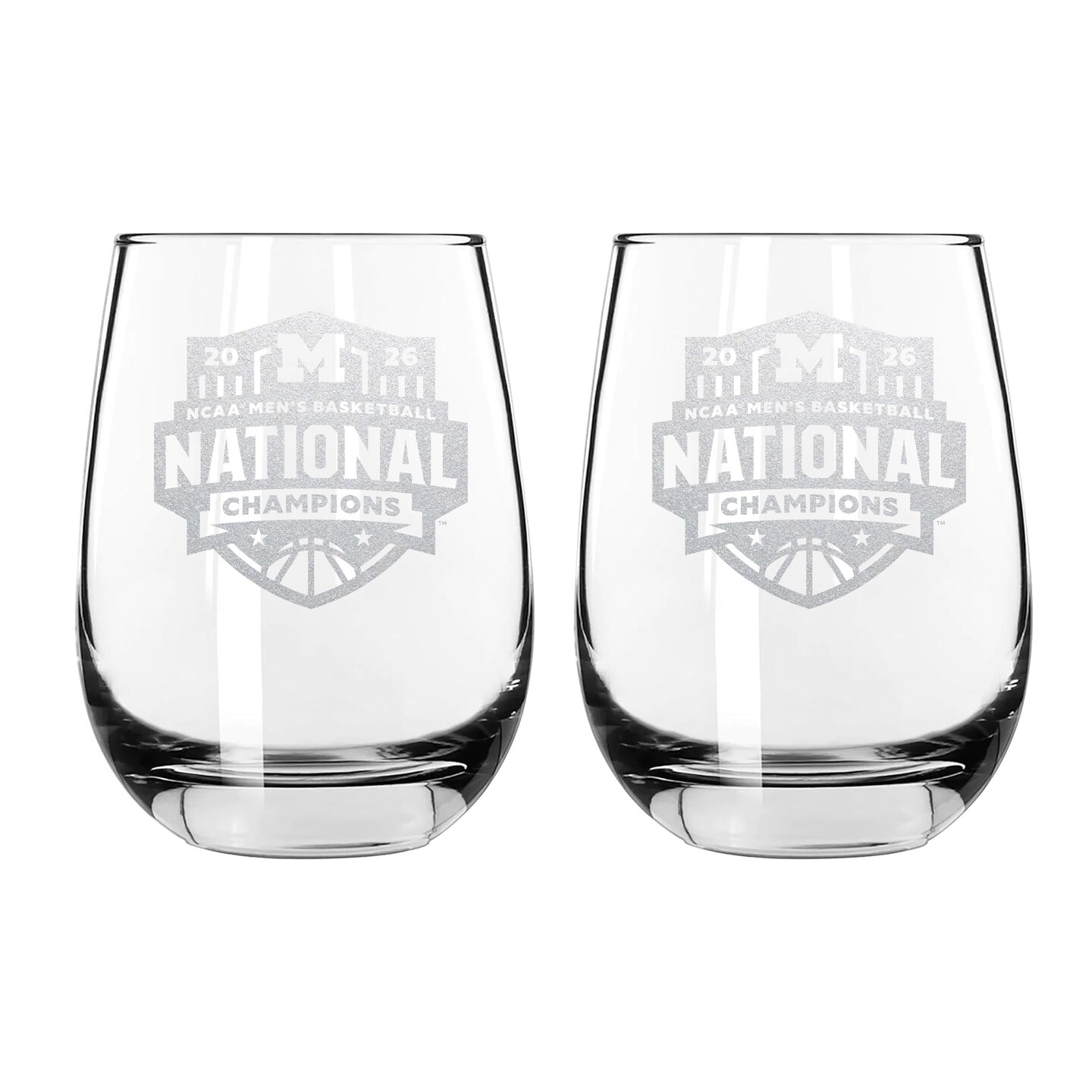2pk 15oz Stemless Wine Glass Set, ETC, National Basketball Champs 2026, University of Michigan
