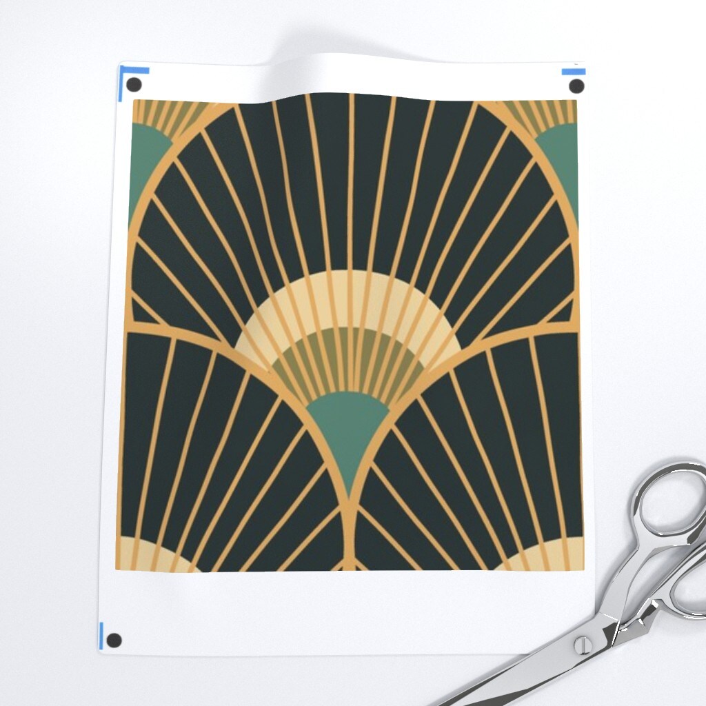1920s Deco Fans Vintage Gold Teal Scallop Glamorous Luxurious Egyptian Geometric Custom Printed Fabric by Spoonflower Various Fabrics by the Yard or Fat Quarter