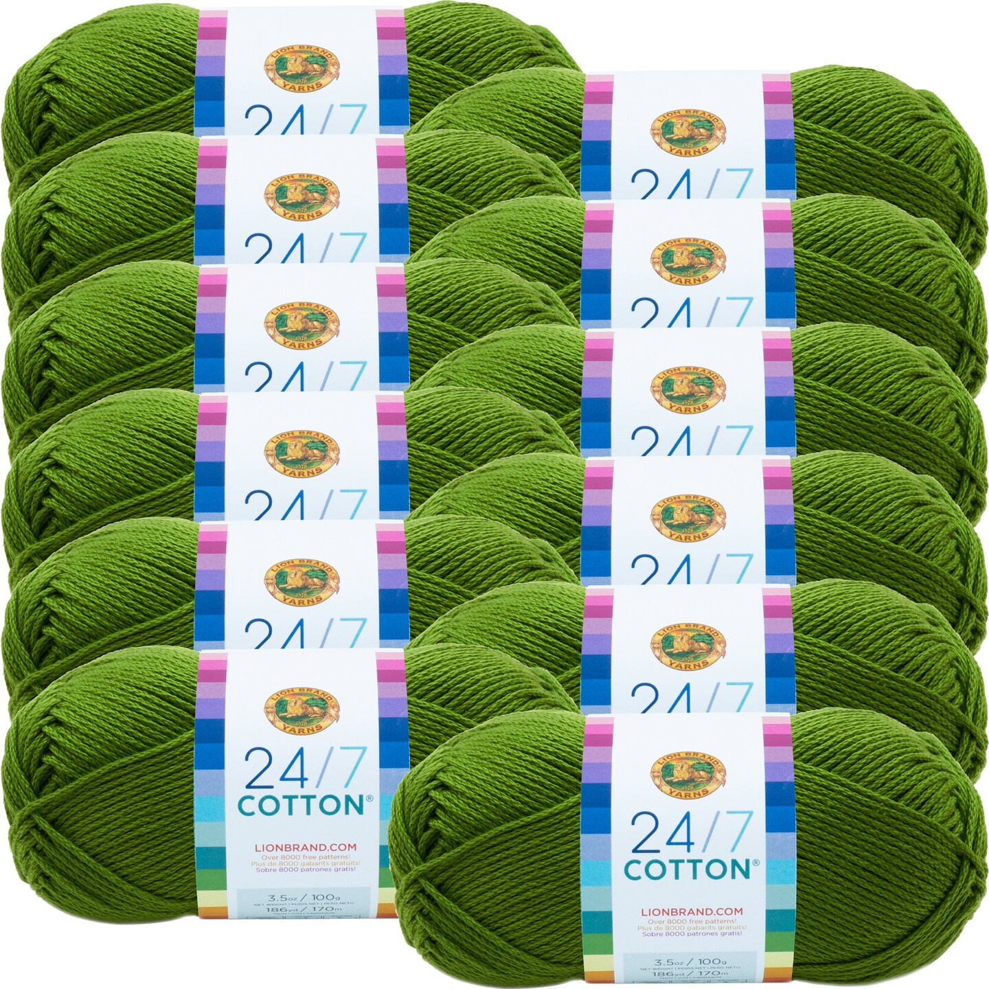 (12 Pack) Lion Brand 24/7 Cotton Yarn - Grass