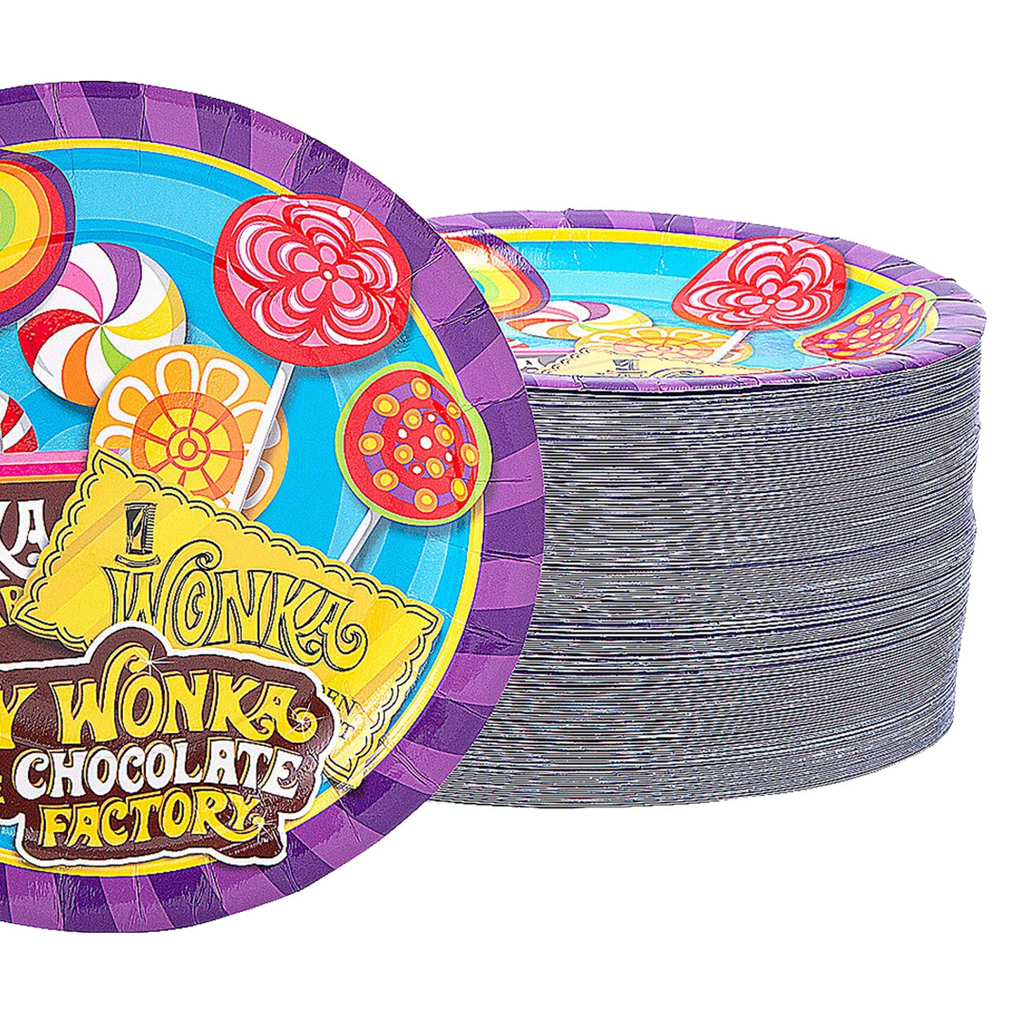 96 Pack 9&#x22; Willy Wonka Paper Plates Candy Theme Birthday Party Supplies