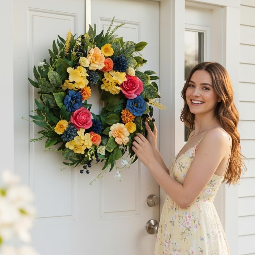 22–24 Inch Spring Wreath for Front Door – Handmade Floral Wreath with Hydrangea, Peony, Rose & Eucalyptus Greenery for Indoor Outdoor Home Decor