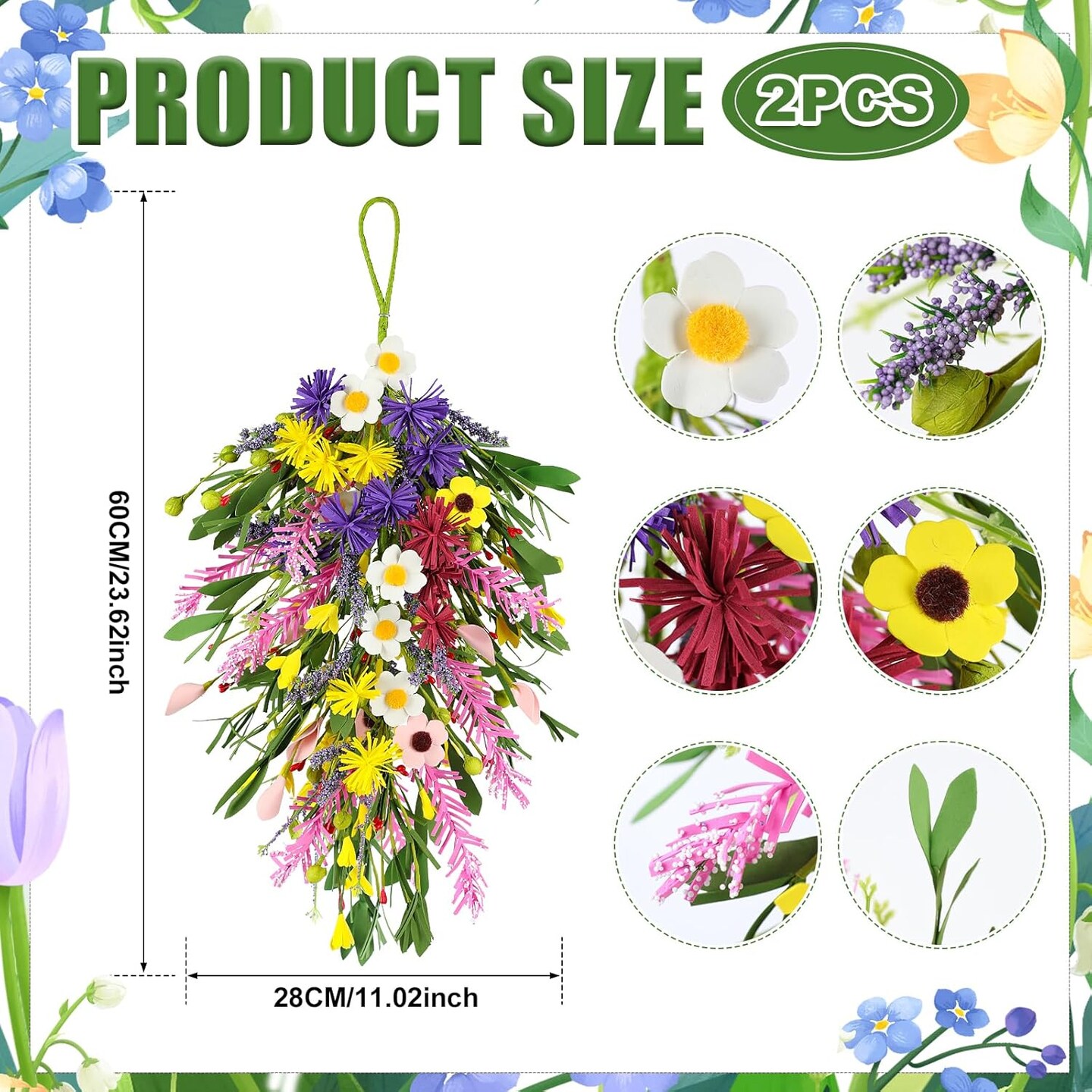 2Pcs Artificial Spring Swag Wreaths – 23.6" Teardrop Floral Swags with Daisies, Sunflowers & Lavender for Front Door, Porch, Wall & Window Decor