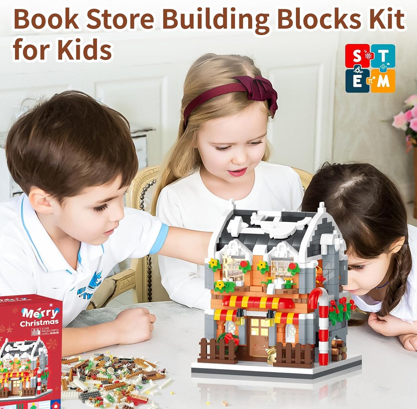 Christmas Book House Building Blocks Set-730 PCS Micro Bricks,City Miniature Building Bricks Kit with LED Light and Christmas Tree,Perfect Building Toy for Adults Kids 6+