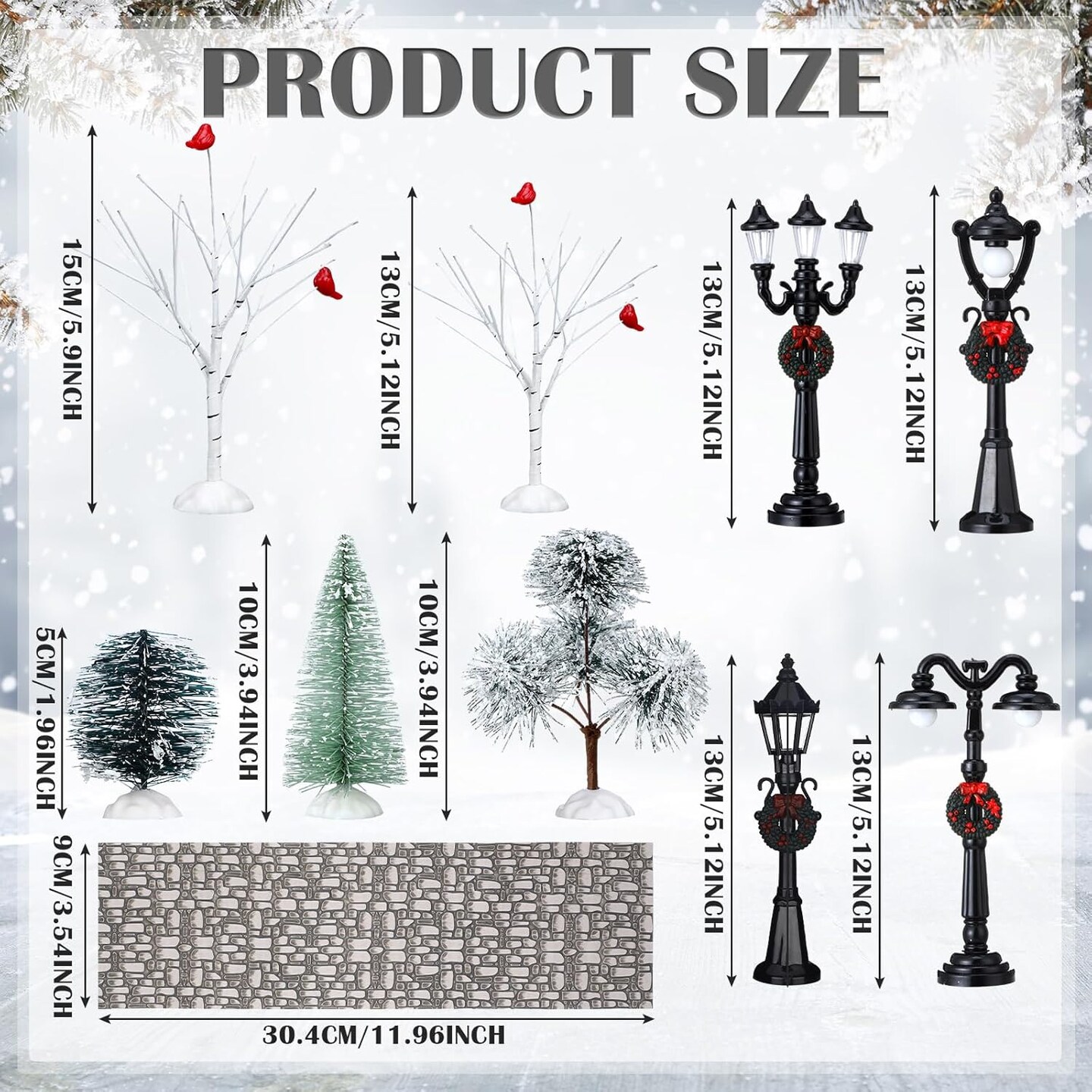 15 Pcs Christmas Figurine Village Accessories Miniature Pine Trees Snow Artificial Christmas Trees Cardinal Bare Branch Trees Streetlight Lamps Cobblestone Street Figurine for Xmas Winter (Elegant)