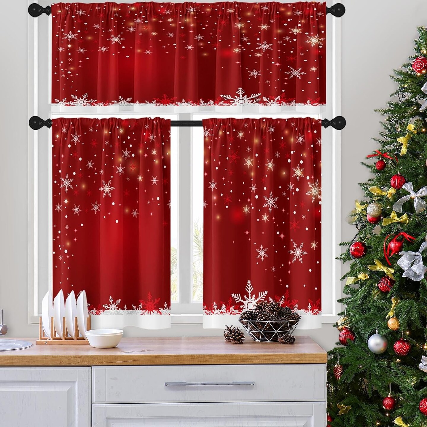 Christmas Kitchen Curtains Snowflakes Window Curtains and Valances Set 36 Inch, Red Snow Short Tier Curtains for Kitchen, Winter Xmas Small Kitchen Decor