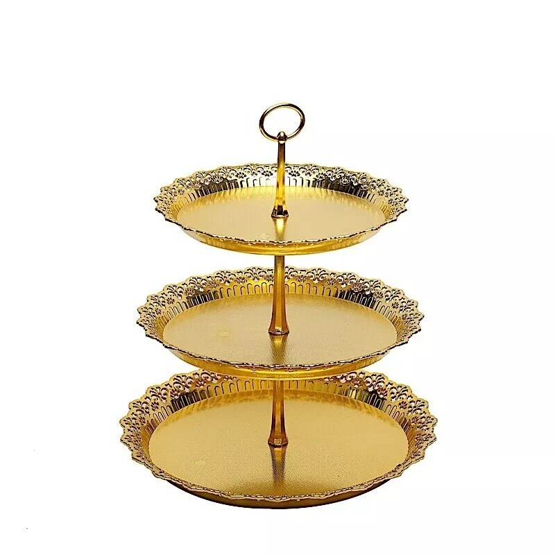 Gold 15" Plastic 3 Tier Metallic Round Cupcake Display Tower Lace Cut Rim Party