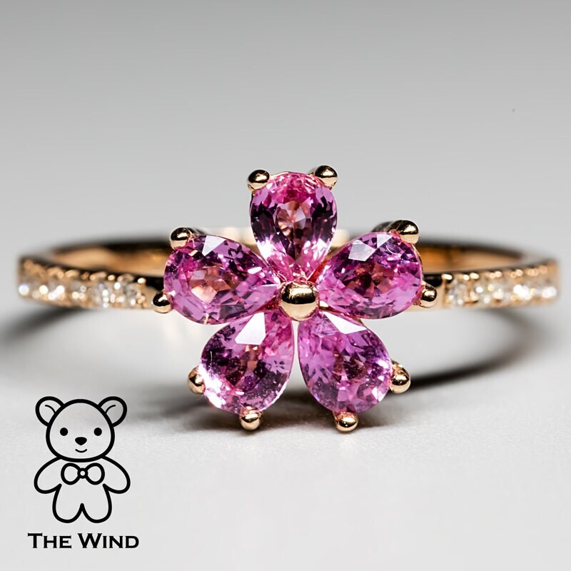 Pink Sapphire Diamond Sakura Cherry Blossom Flower Engagement Ring