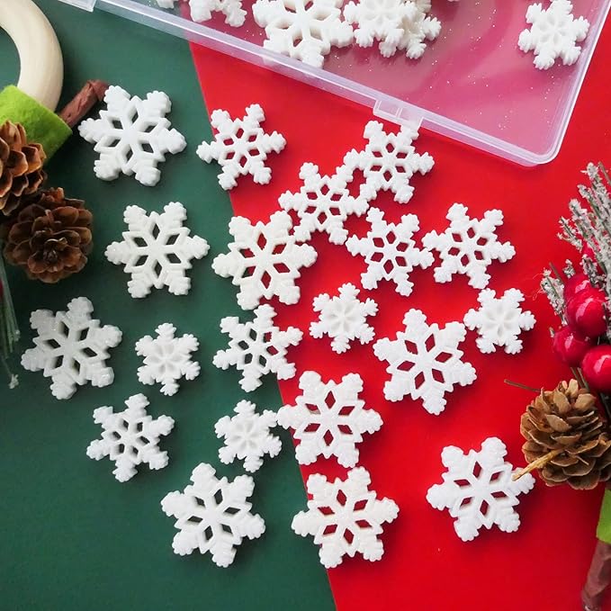 60 Pcs White Glitter Plastic Mini Snowflake for Christmas Embellishments and Winter Party DIY Craft Decoration-3 Different Size