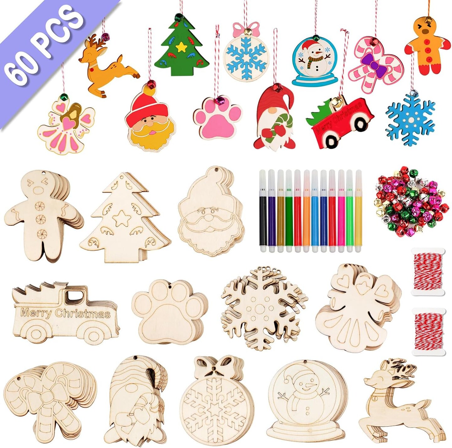 60pcs Wooden Christmas Ornaments, 12 Styles Unfinished Wood Slice Ornaments, DIY Christmas Ornaments Set with Bells, Colored Markers and Ropes, for DIY Craft Making and Christmas Tree Ornaments