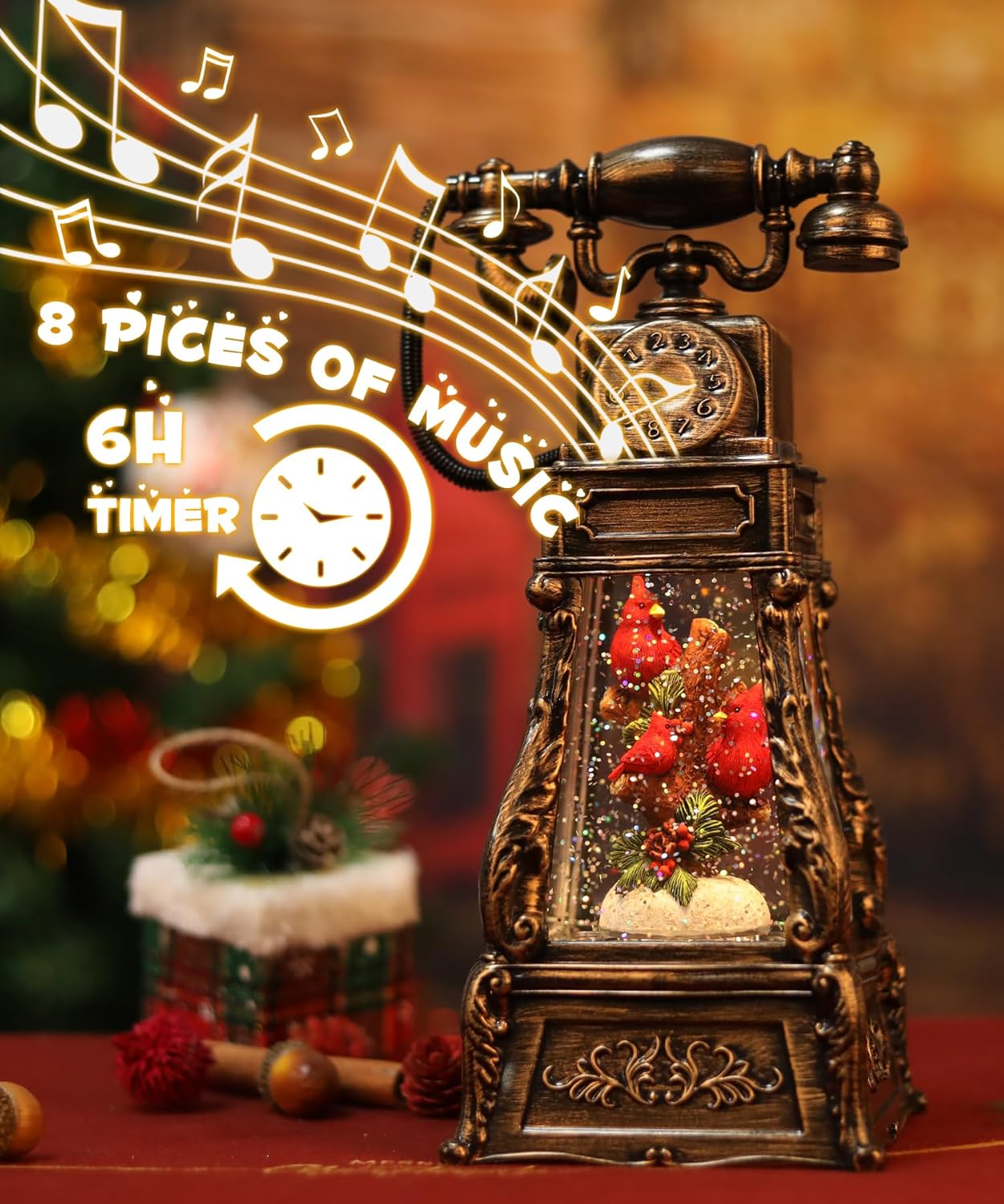 Cardinal Telephone Christmas Snow Globe-Glittering Light Up Musical Snow Globe Christmas Decorations, 6H Timer, USB &#x26; Battery Operated, Cardinal Gift Indoor Home D&#xE9;cor