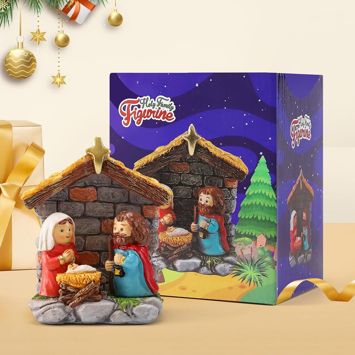 Christmas Nativity Scene Set - Holy Family Figurines with Baby Jesus Mary Joseph in Manger, Resin Little Nativity Sets and Figures for Tabletop Holiday Decorations, 4&#x22; H