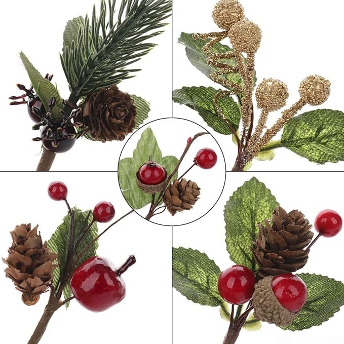 Pine Picks with Red Berries and Pine Cones for Christmas DIY Crafts Gift Wrapping Flower Arrangements Wreaths Holiday Floral Picks Christmas Decorations