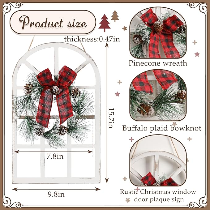 Wood Christmas Holiday Wall Hanging Indoor Outdoor Decorations Rustic Christmas Window Plaque Signs Wooden Arch with Wreath Christmas Home Party (Red-Black)