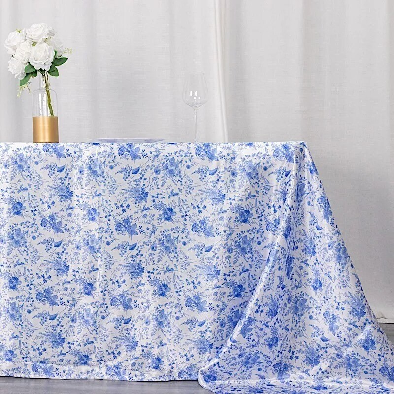 90" x 132" White Blue Floral Satin Rectangular Tablecloth Party Decorations