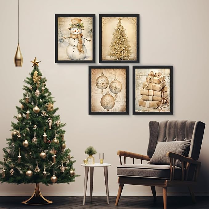 JXREQ Vintage Christmas Wall Decor, Christmas Prints 8x10, Retro Christmas Wall Art Decor for Home Bedroom Living Room Office, Christmas Snowman Tree Posters Wall Art Set of 4, Unframed