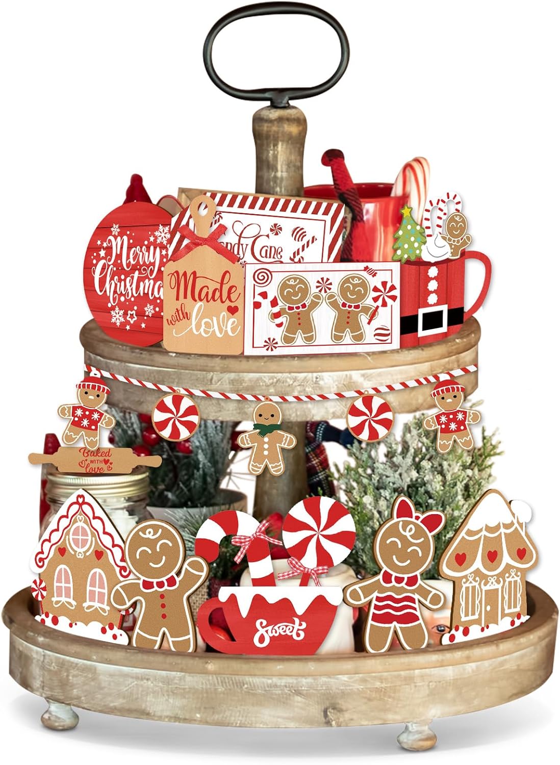 18Pcs Christmas Gingerbread Tiered Tray Decor Red Chirstmas Wooden Wall Art Decor Christmas Candy Table Centerpieces Decoration Kitchen Tabletop Party Decor