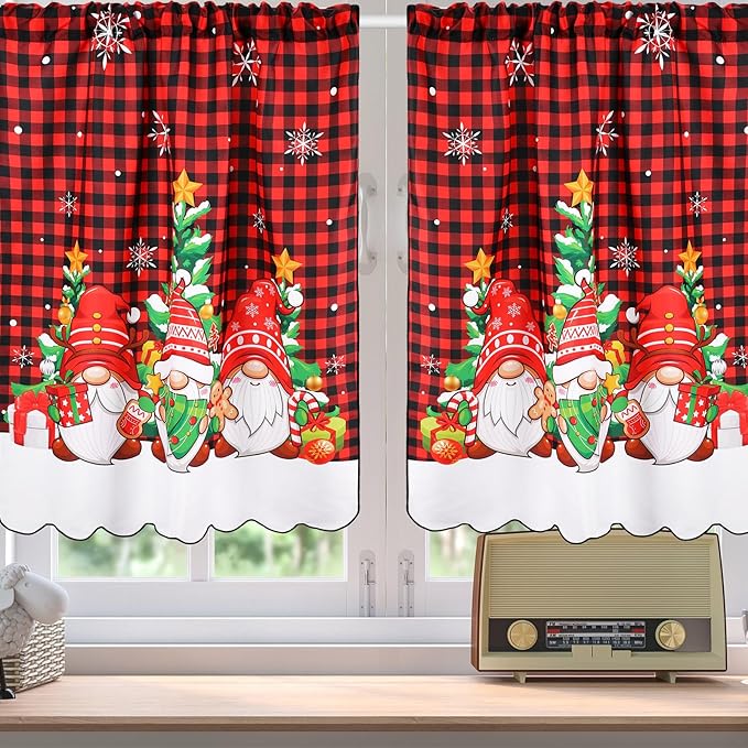 6 Pcs Christmas Kitchen Curtains Window Curtains and Valance Set Snowman Christmas Tree Gnome Buffalo Plaid Christmas Curtains Swag for Bedroom Living Room, 60 x 36 Valance, 36 x 30 Tier
