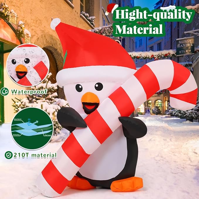 Outdoor Decorations Blow Up Yard Penguins Holding Candy Cane with Built-in LEDs for Xmas Holiday Party Indoor Garden Lawn Decor