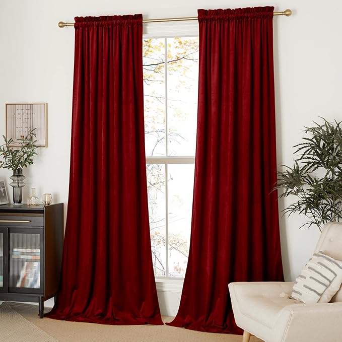 Christmas Red Velvet Curtains and Drapes for Bedroom, Home Decor Panels for Home Theatre/Film Room/Stage (Set of 2, Rod Pocket Design, 84 inches Long)