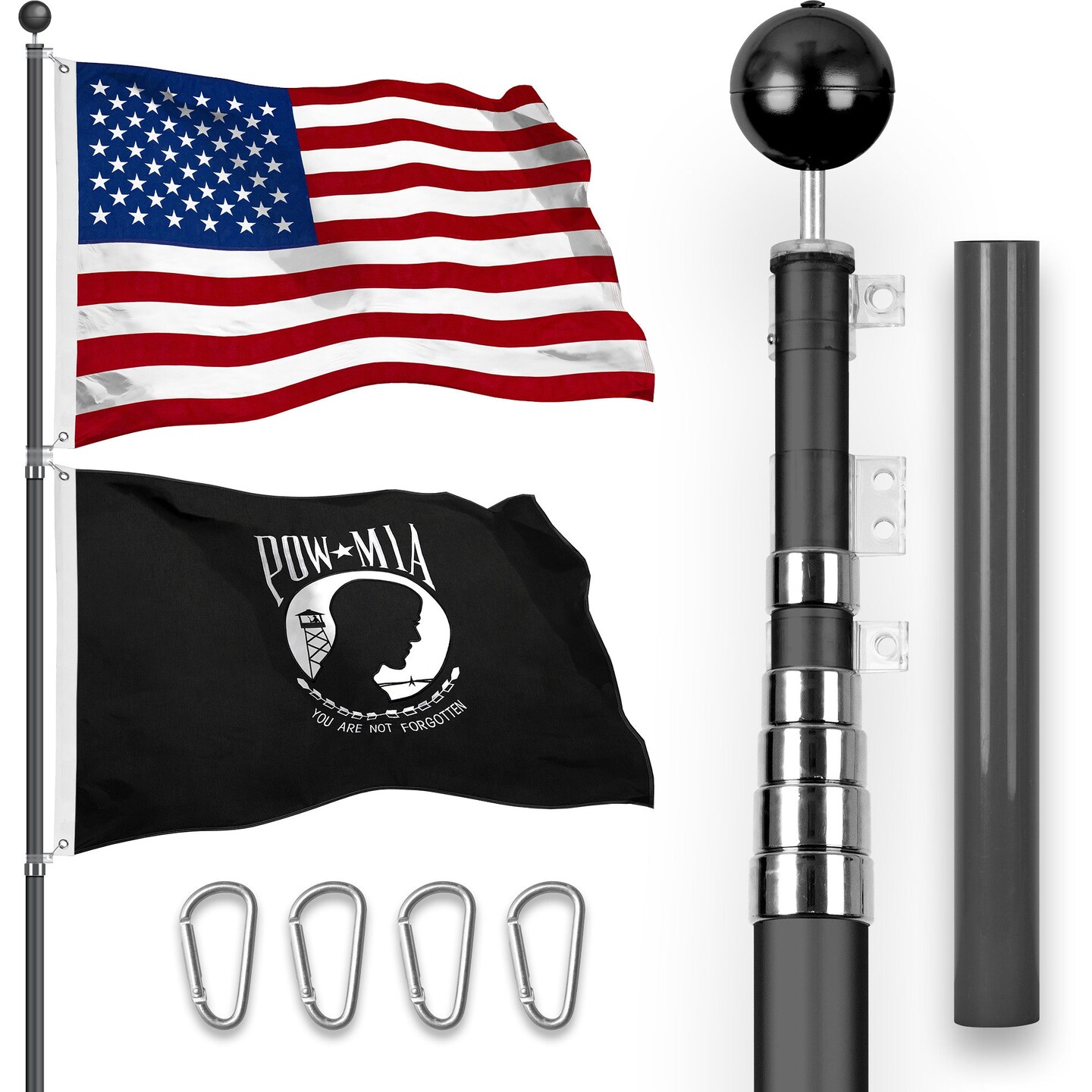 G128 Combo Pack: 20 Ft Telescoping Aluminum Flagpole (Black) &#x26; American and POW Flags 3x5 Ft, Both StormFlyer Series Embroidered 220GSM Spun Polyester | Pole with Flags Included