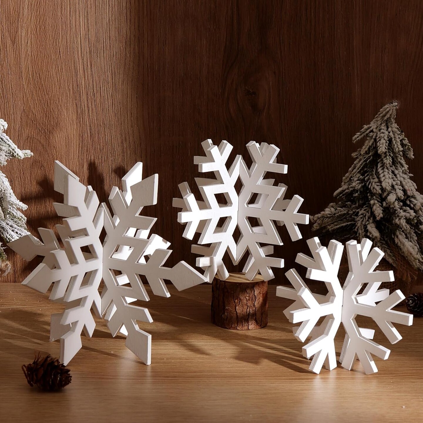 Christmas Table Wooden Sign, 3 Pcs White Snowflake Christmas Rustic Farmhouse Table Decoration,Multiple Sizes Christmas Tiered Tray Decor for Xmas New Year Winter Holiday Home Decorations