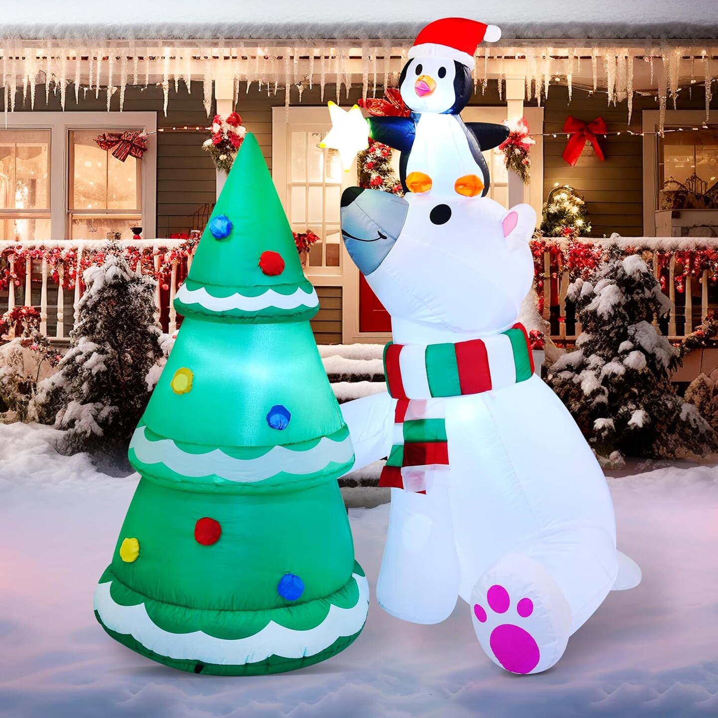 6 ft Christmas Polar Bear Inflatable Decoration, Polar Bear with Penguin &#x26; Xmas Tree Inflatable with Build-in LEDs Blow Up Inflatables for Christmas Party Outdoor, Yard, Garden, Winter D&#xE9;cor