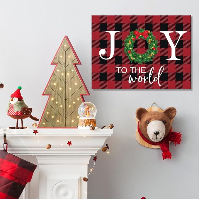 KAIRNE Christmas Decoration Joy Sign Wall Art(12x16inch) Rustic Buffalo Plaid Xmas Wreath Canvas Art Print,Holiday Farmhouse Happy New Years Quote Prints Posters For Family Festive Party Decor