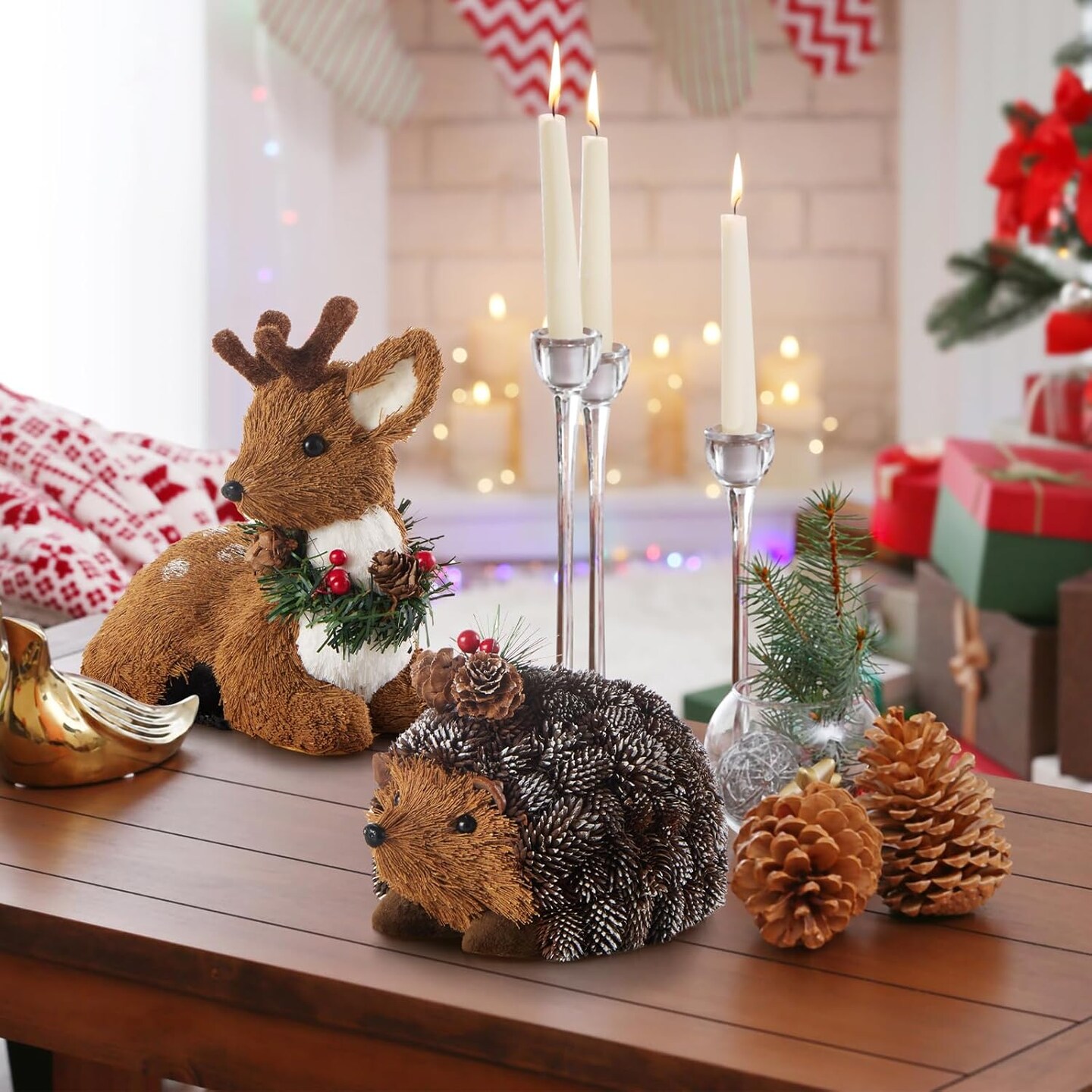 Set of 6 Sisal Woodland Animals for Rustic Christmas Decorations, Animal Figurines with Holiday Accent as Christmas Table Decor or Farmhouse Decor