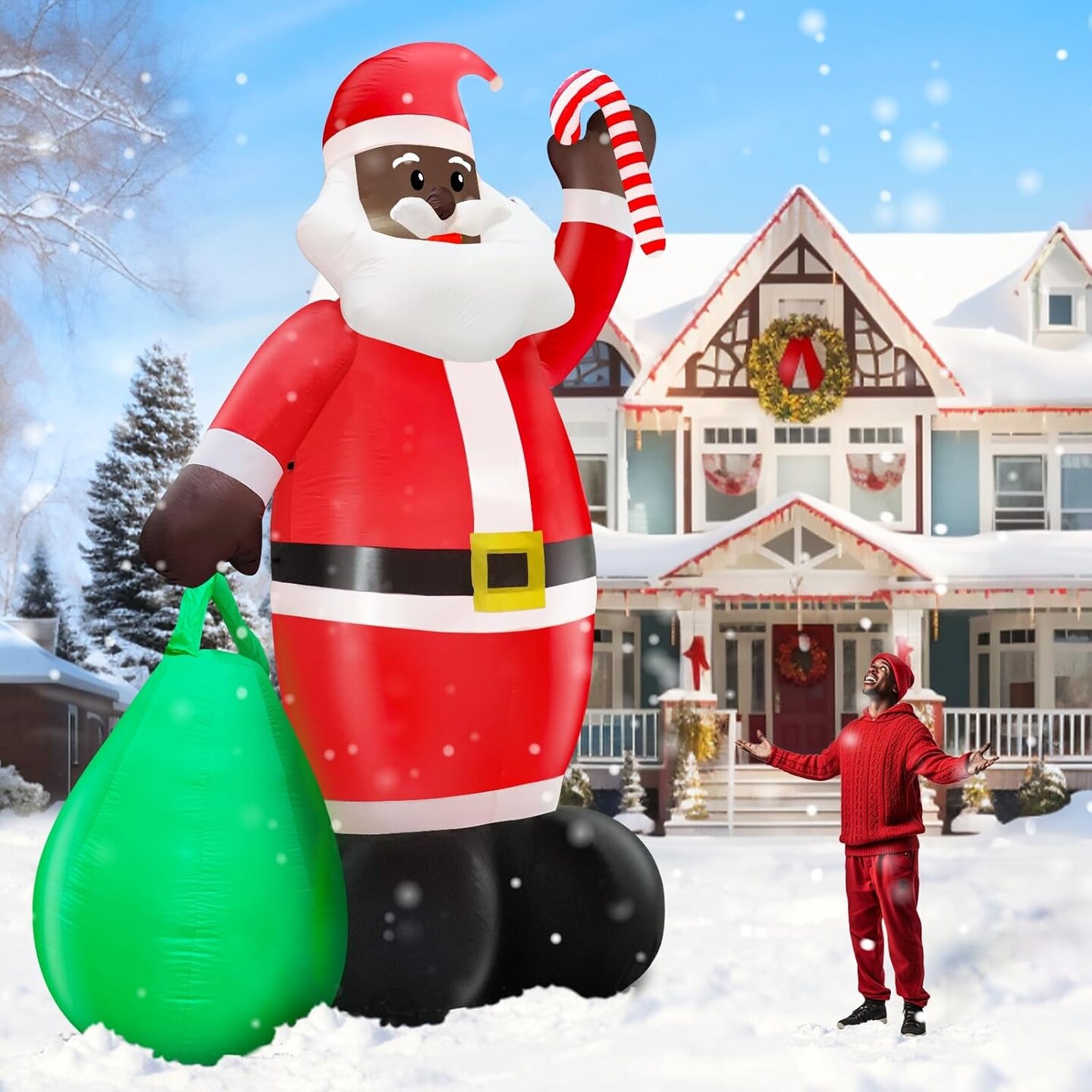 14 Feet Giant Black Santa Claus Inflatables Christmas Outdoor Decorations Holds Gift Bag &#x26; Candy Cane Blow Up Build-in LED Lights Inflatable Christmas Yard Decor Garden Lawn Xmas Holiday