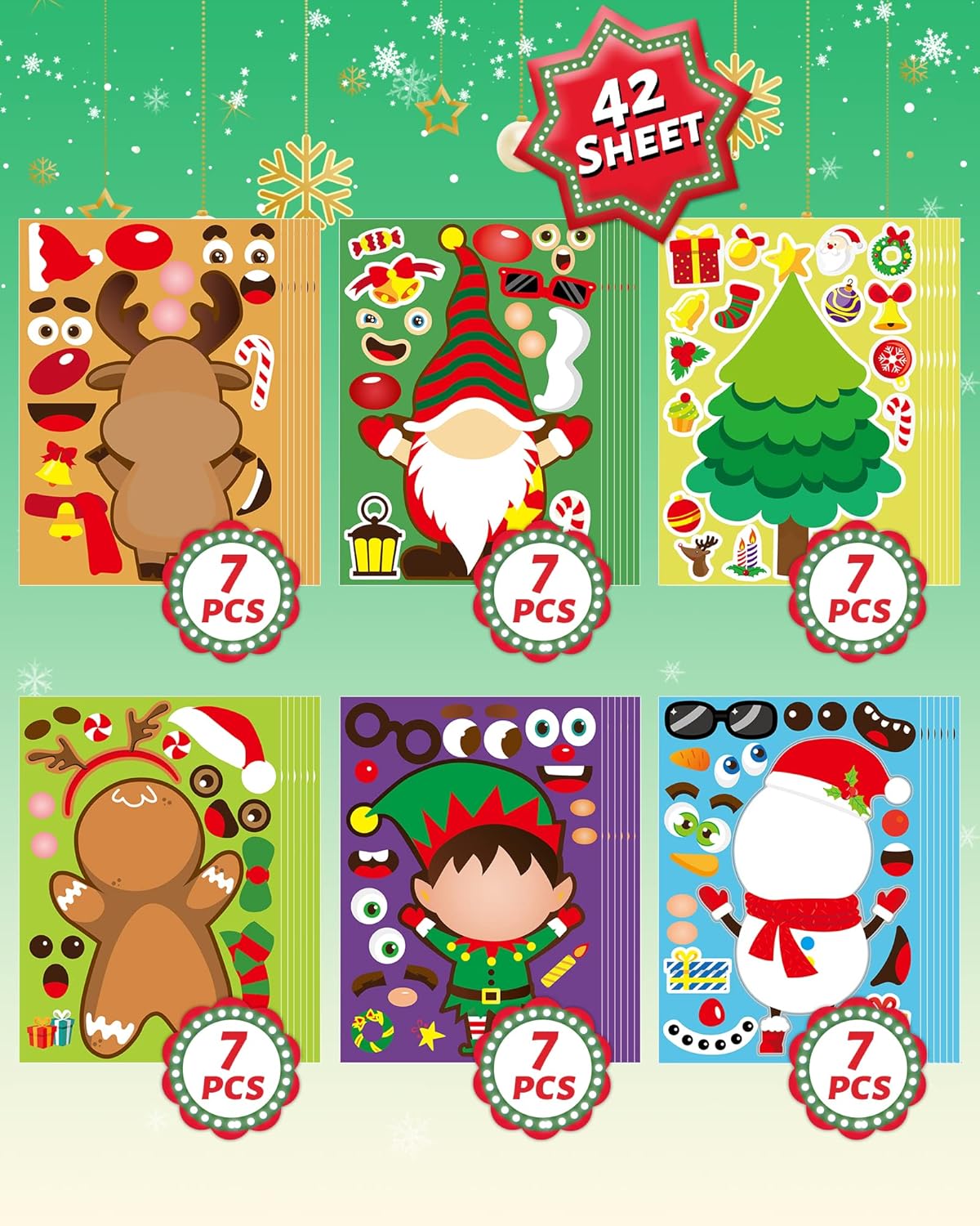 42 Sheets Christmas Party Favors Stickers, Christmas Crafts Make Your Own Sticker, Christmas Gifts for Classroom Student Stocking Stuffers Goodie Bag Christmas Activities Game Holiday Sticker for Kids