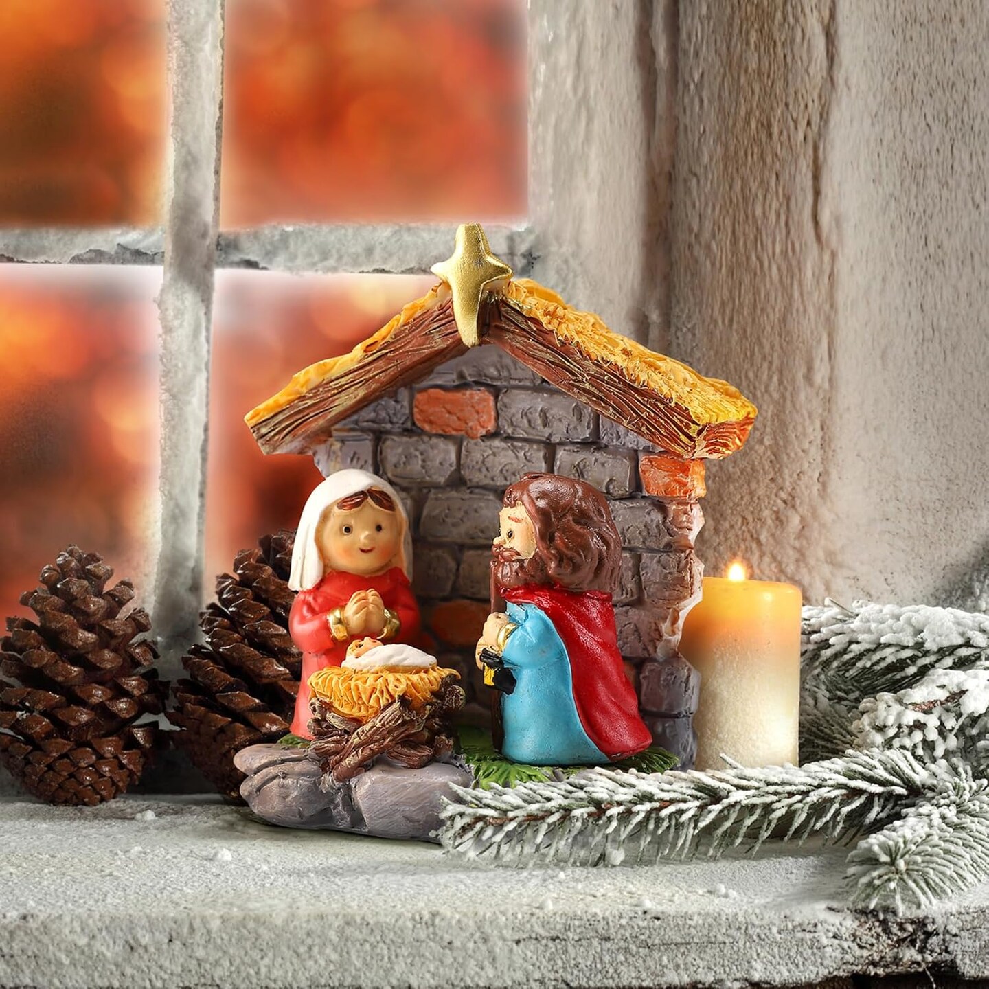 Christmas Nativity Scene Set - Holy Family Figurines with Baby Jesus Mary Joseph in Manger, Resin Little Nativity Sets and Figures for Tabletop Holiday Decorations, 4&#x22; H