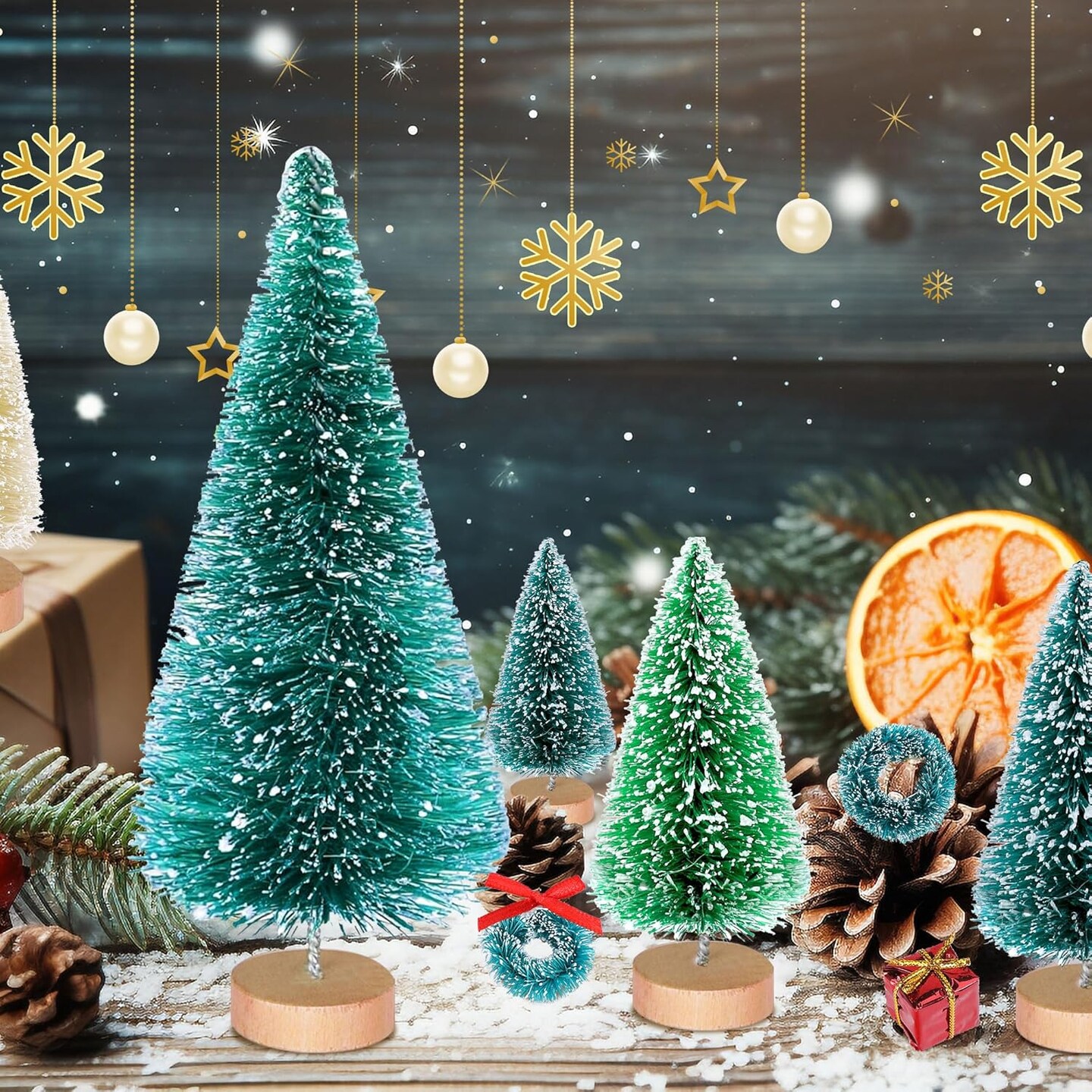 56 Pcs Artificial Mini Christmas Trees Set - Miniature Sisal Frosted Christmas Trees Bottle Brush Trees for DIY Crafts Home Table Top Decor