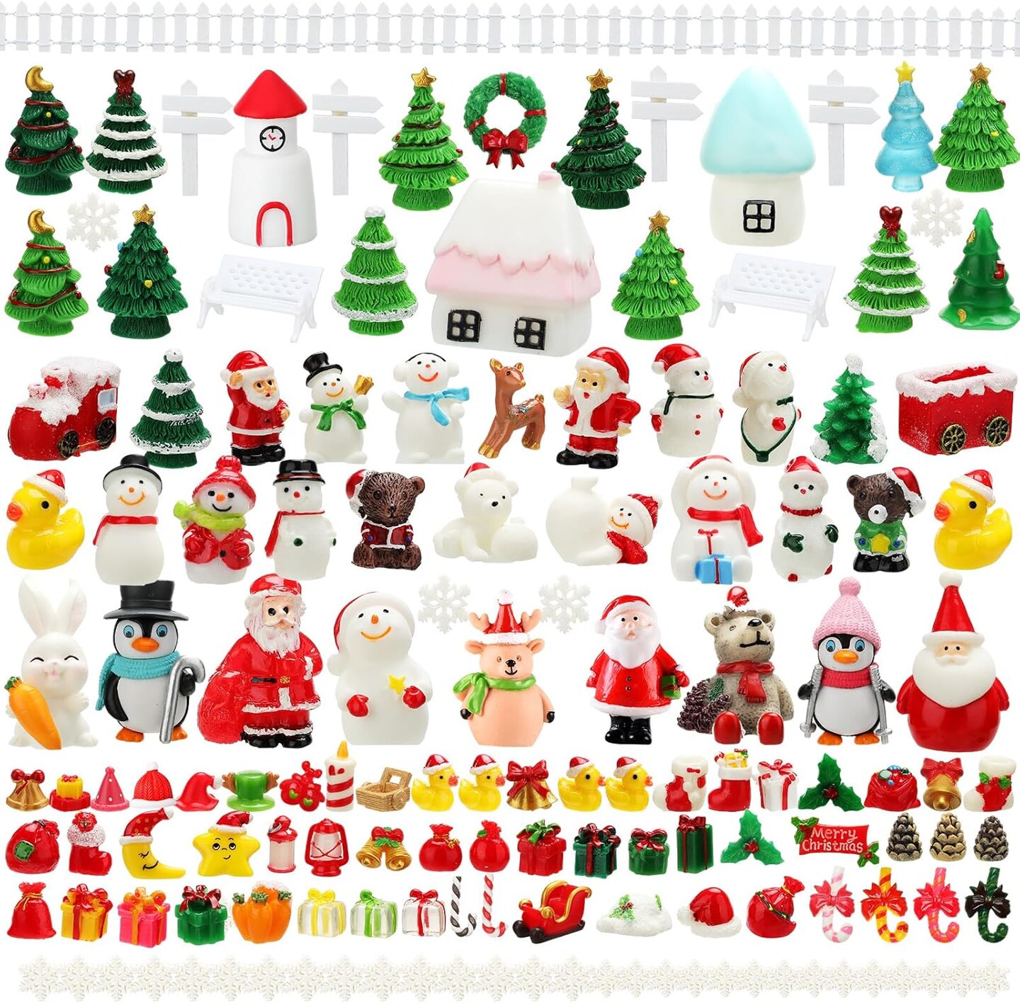 150 Pieces Christmas Miniature Figurines for Crafts Santa Snowman Figurines Mini Resin Landscape Bell Snowflake Christmas Tree Reindeer Gifts for DIY Crafts Winter Xmas Party Decor