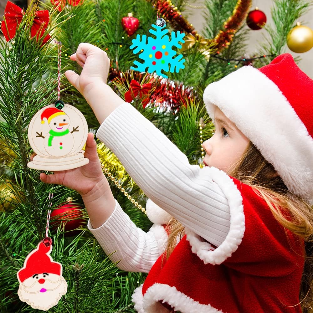 60pcs Wooden Christmas Ornaments, 12 Styles Unfinished Wood Slice Ornaments, DIY Christmas Ornaments Set with Bells, Colored Markers and Ropes, for DIY Craft Making and Christmas Tree Ornaments