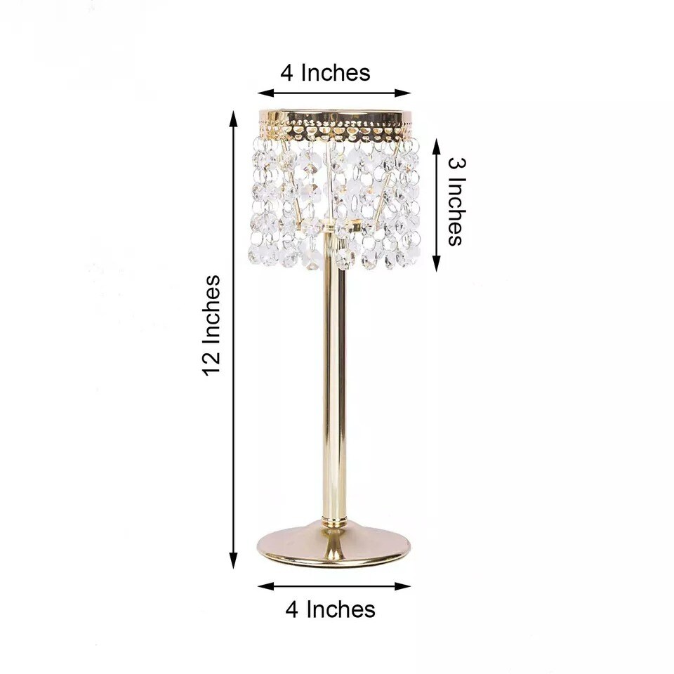 Gold 12&#x22; tall Faux Crystal Beaded Wedding Centerpiece Candle Holder Party