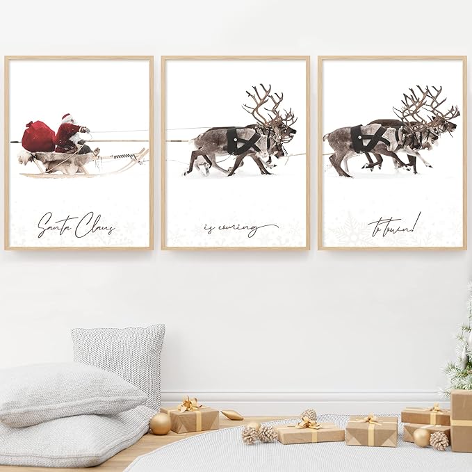 AnyDesign 3Pcs Christmas Wall Art Prints 12x16in Santa Claus Reindeer with Sleigh Art Poster Decor Large Aesthetic Xmas Posters Room Decor for Gallery Living Room Bathroom Wall Decor(UNFRAMED)