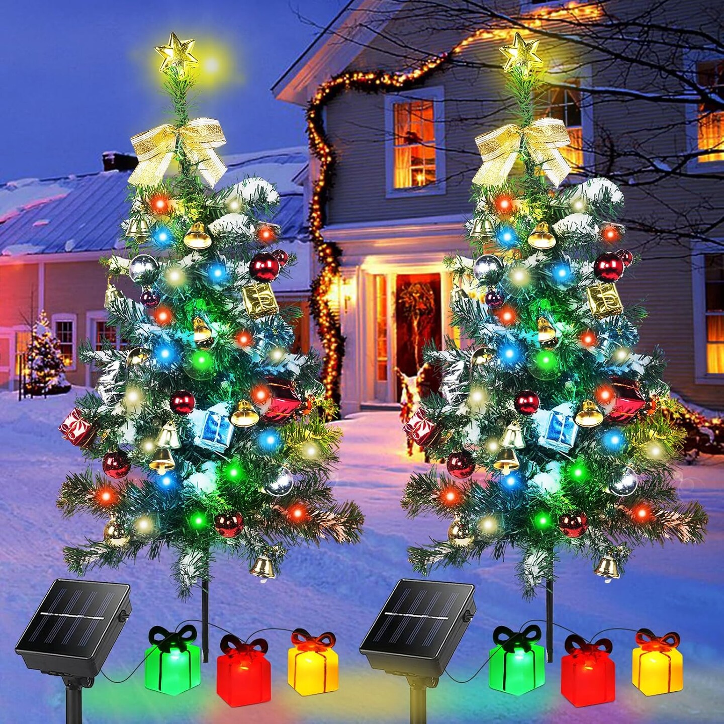 Solar Christmas Tree Lights Outside Decorations 31 in,8 Modes Christmas Lights Outdoor Waterproof with 23 Xmas Accessories &#x26; 3 Box Lights for Garden Pathway Cemetery Decor,2Pack