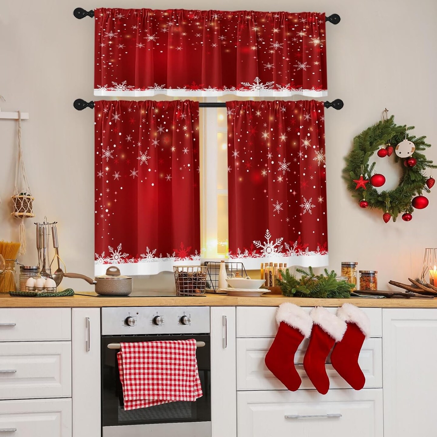 Christmas Kitchen Curtains Snowflakes Window Curtains and Valances Set 36 Inch, Red Snow Short Tier Curtains for Kitchen, Winter Xmas Small Kitchen Decor