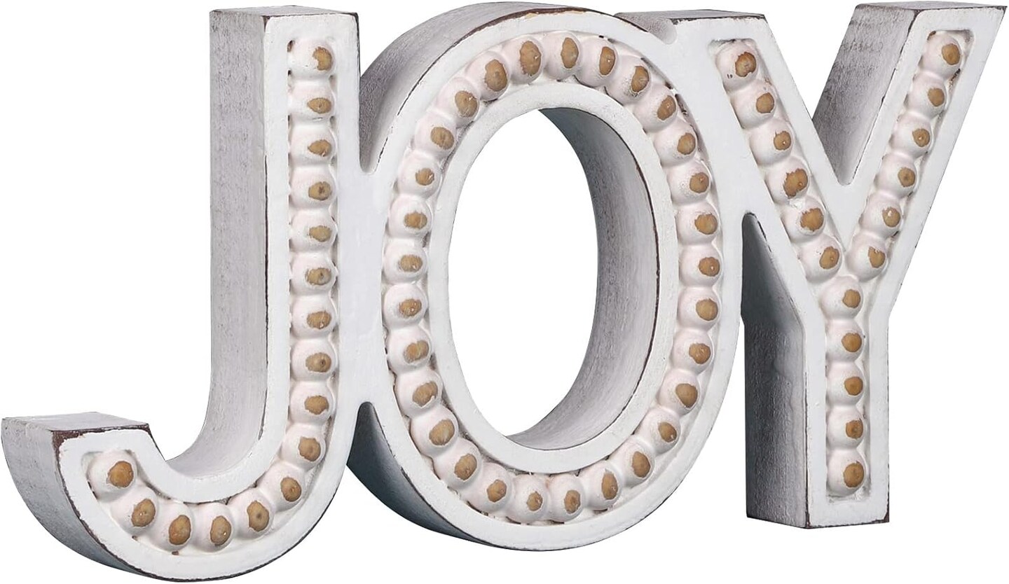 Joy Sign Beaded, Freestanding Wood Letters Joy, Rustic Joy Christmas Decor, Winter, Wedding, Holiday Mantel Tabletop Decor, Elegant Housewarming Gift