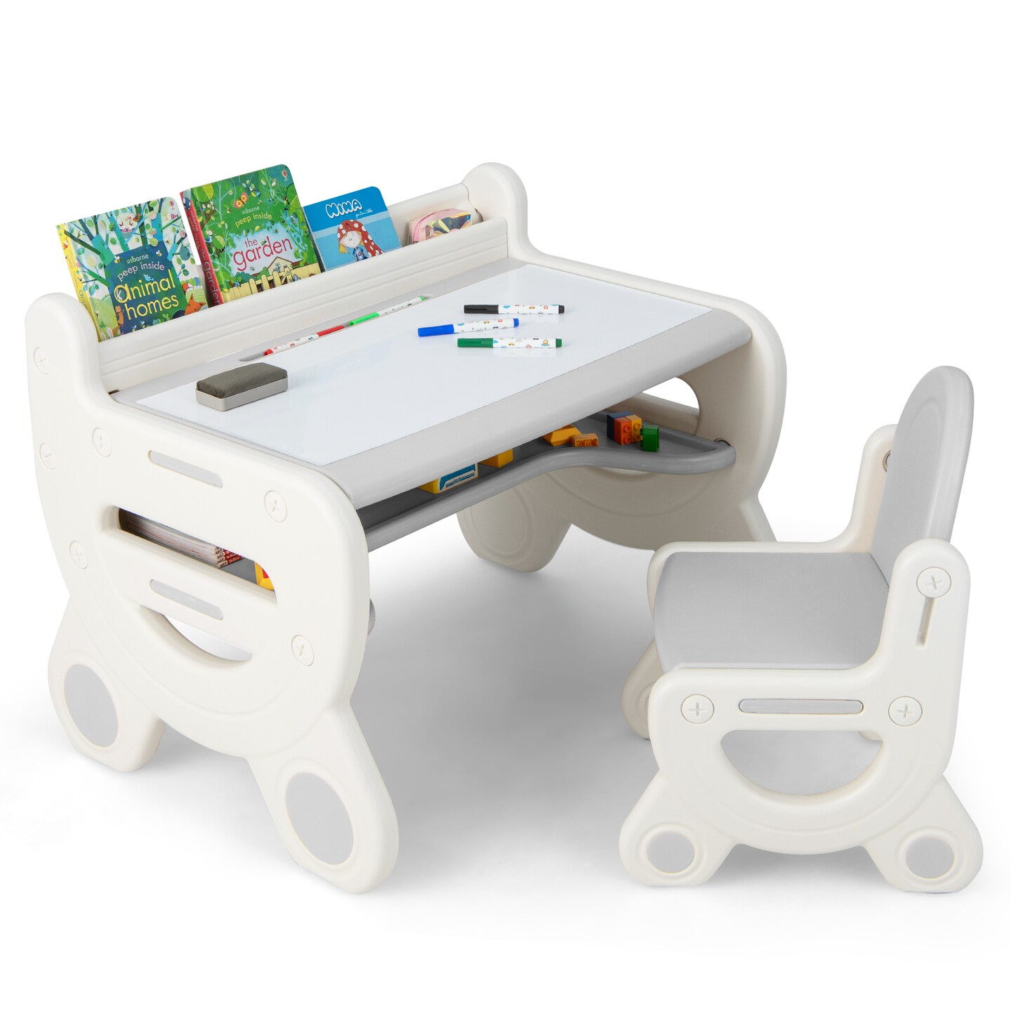 Kids Drawing Table and Chair Set Erasable Desktop Storage Shelf