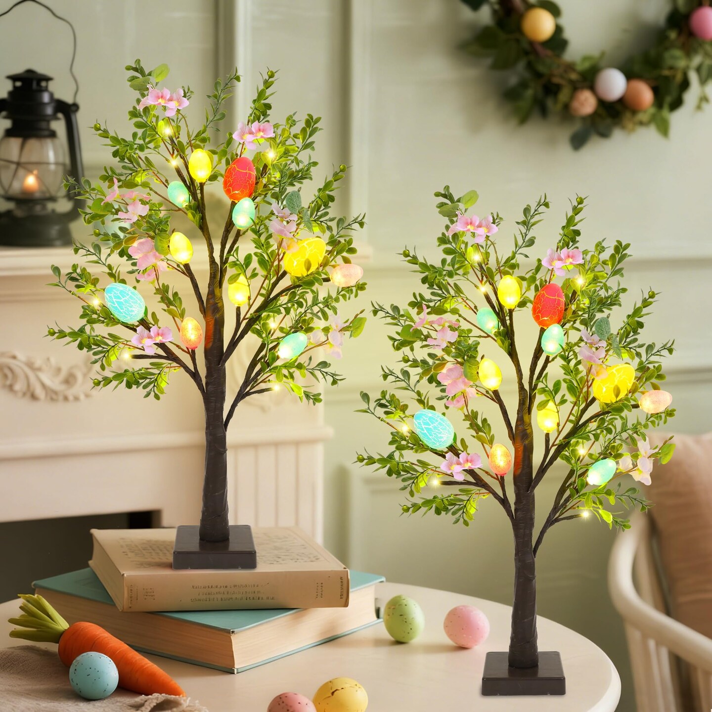 Easter Decoration Set of 2 Lighted 24 Inch Artificial Tree with Easter Eggs & Colorful LED Lights, Light Up Tabletop Bonsai Tree for Table Home Holiday Spring Decor