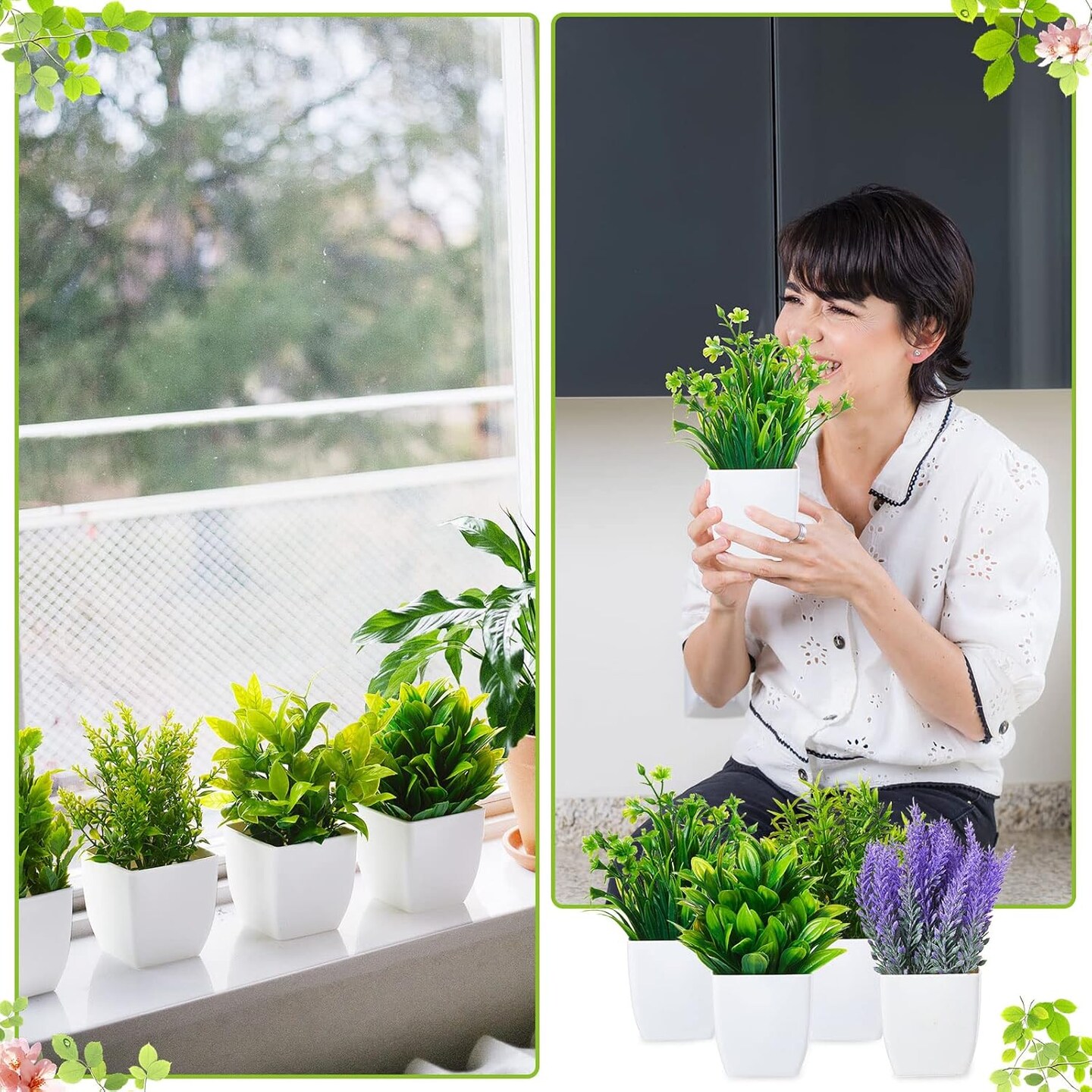 16PCS Mini Artificial Potted Plants – Faux Eucalyptus, Lavender & Wheat Grass in White Pots for Mother’s Day Card Making, Home Office, Bathroom & Living Room Decor