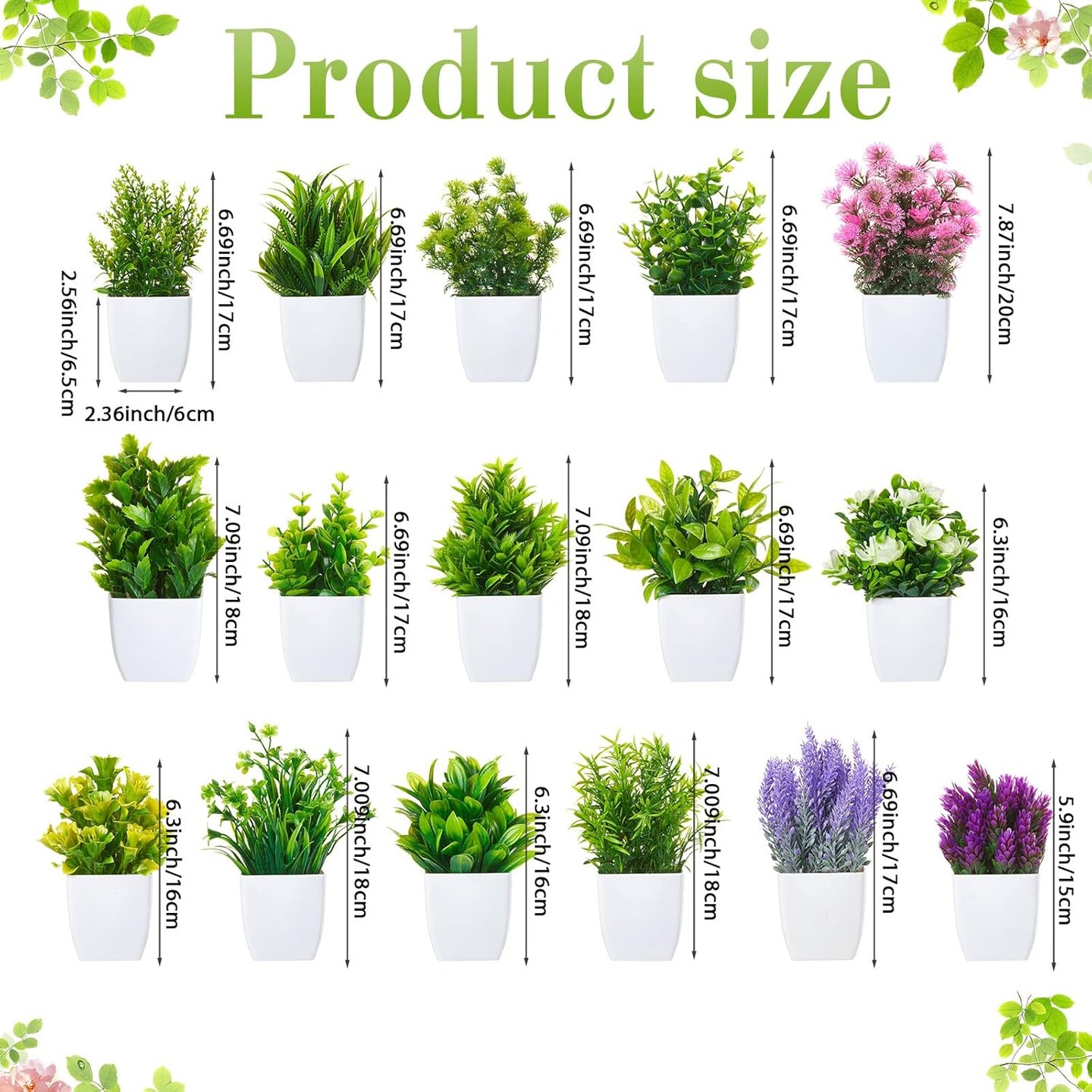 16PCS Mini Artificial Potted Plants – Faux Eucalyptus, Lavender & Wheat Grass in White Pots for Mother’s Day Card Making, Home Office, Bathroom & Living Room Decor