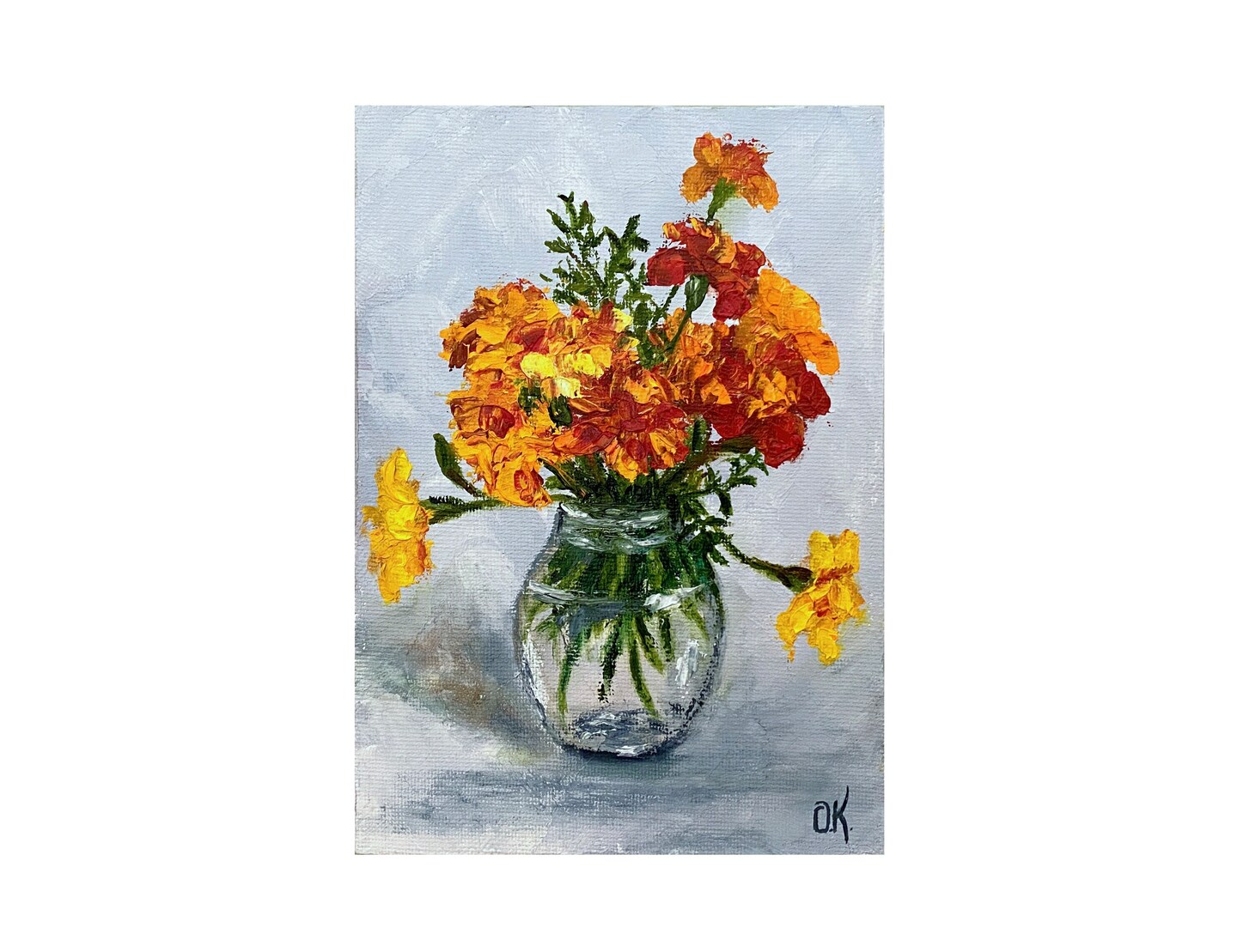 product name is Marigolds Oil Painting Original Impasto Orange Flowers Small Wall Art 5"x7"
