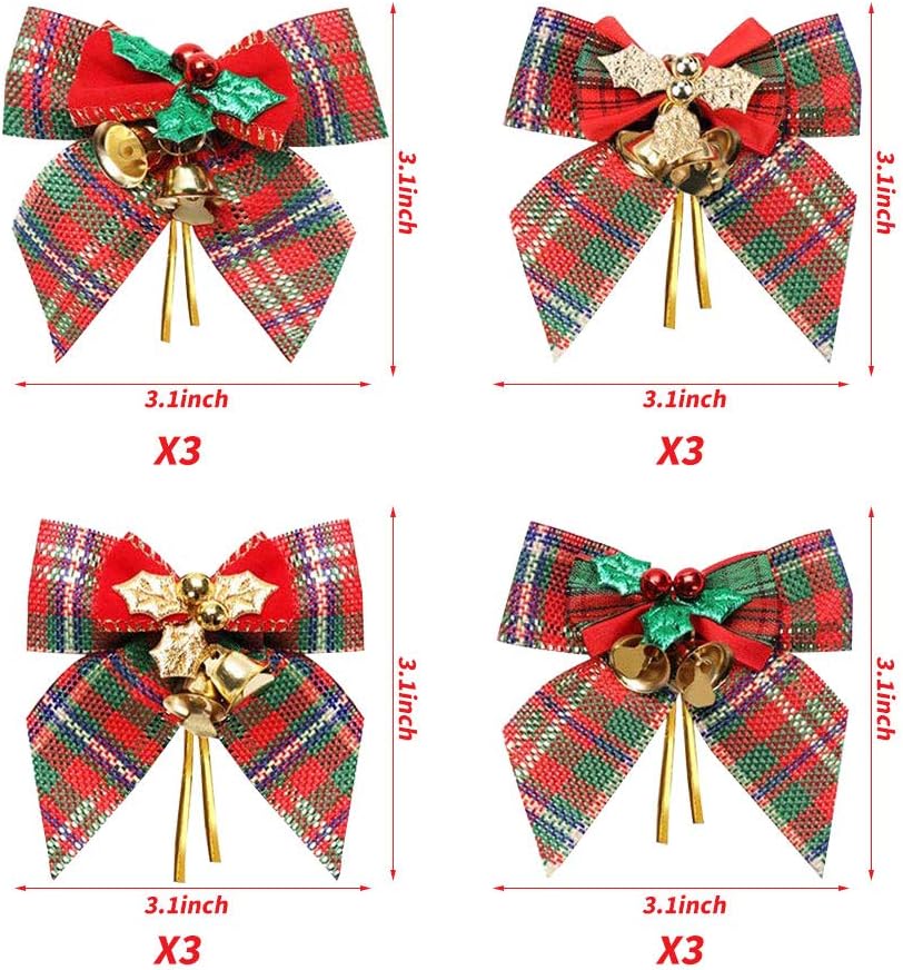 12 Pack Christmas Red Green Plaid Tree Bows, Linen Bowknot Wreath Bow with Jingle Bells for Christmas Garland Tree, Crafts, Wrapping, Wreath Xmas Hanging Ornaments Decor